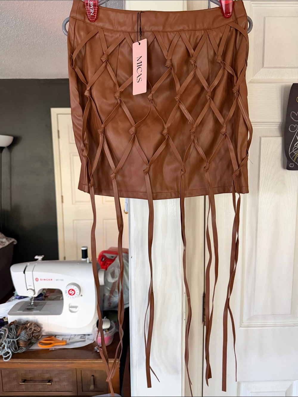 Micas Brown Faux Leather Mini Skirt with Lattice Fringe